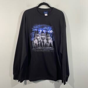 Vtg Croft & Barrow Men's Black Wolf Pack Long Sleeve Ribbed Cuff Tee Size XXL